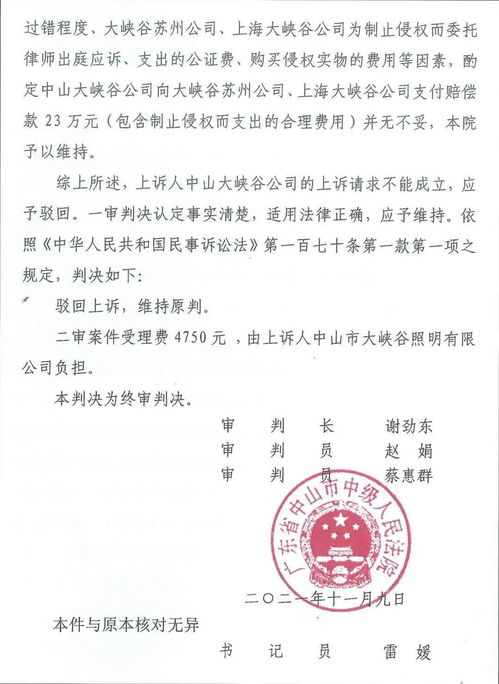 二審終審判決 大峽谷照明系統(tǒng)集團(tuán)勝訴